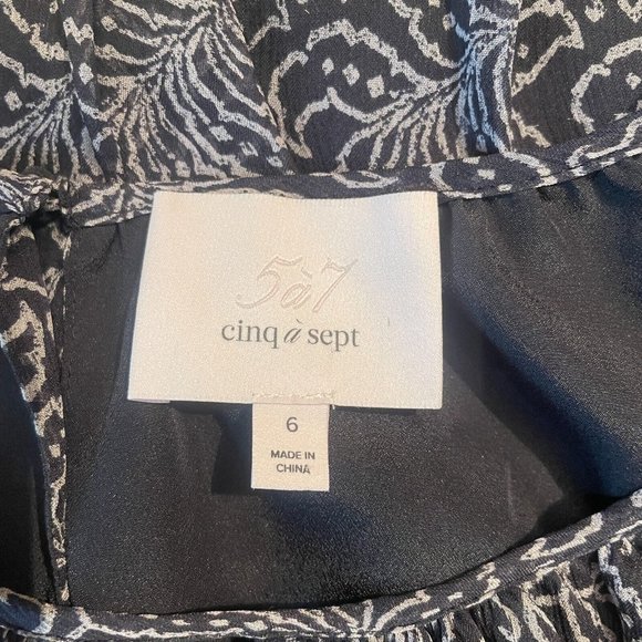 cinq a sept Black Mini Dress Sz 6 Tiered Print Silk Long Sleeve Smocked Babydoll - Picture 12 of 16